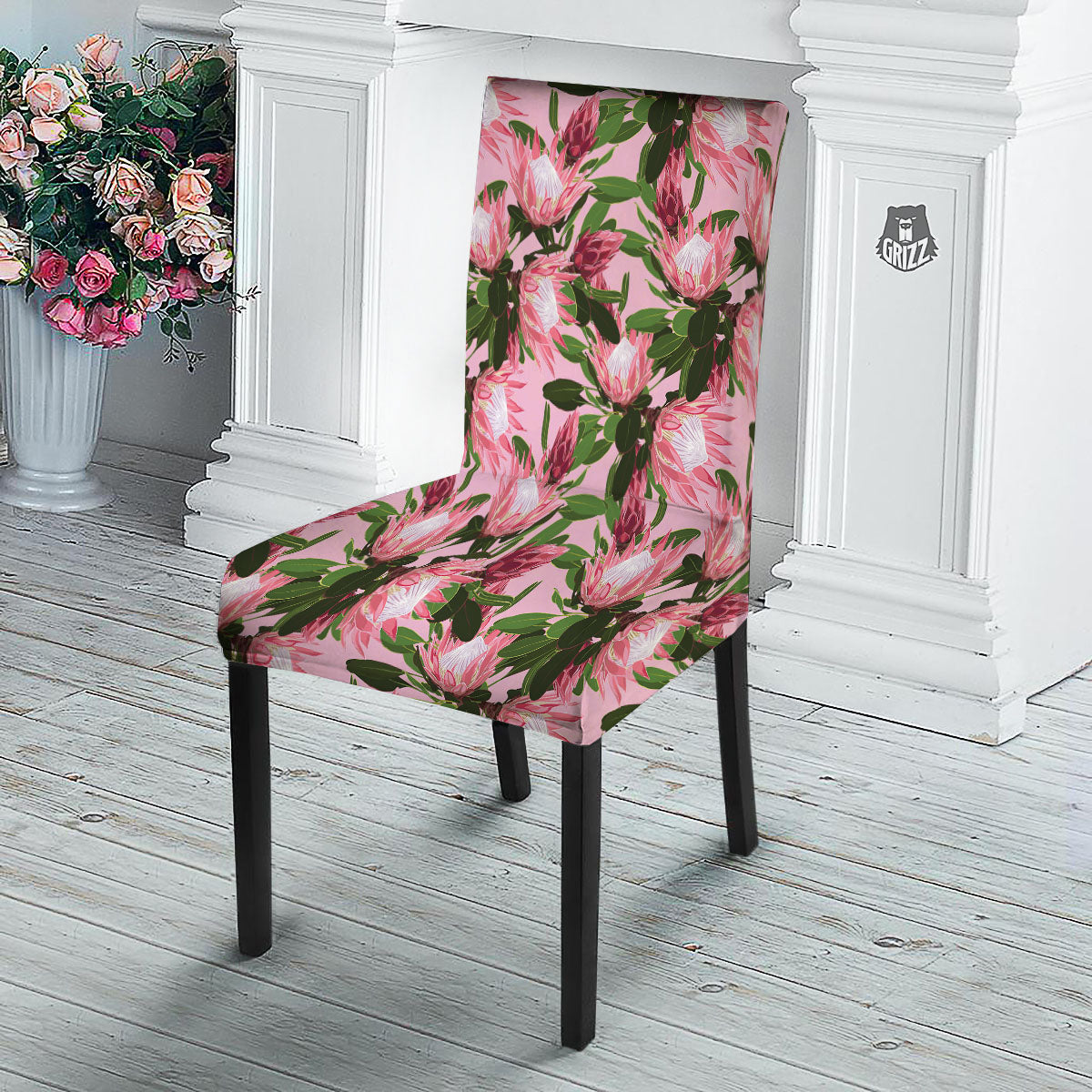 Floral Protea Print Pattern Dining Chair Slipcover-grizzshop