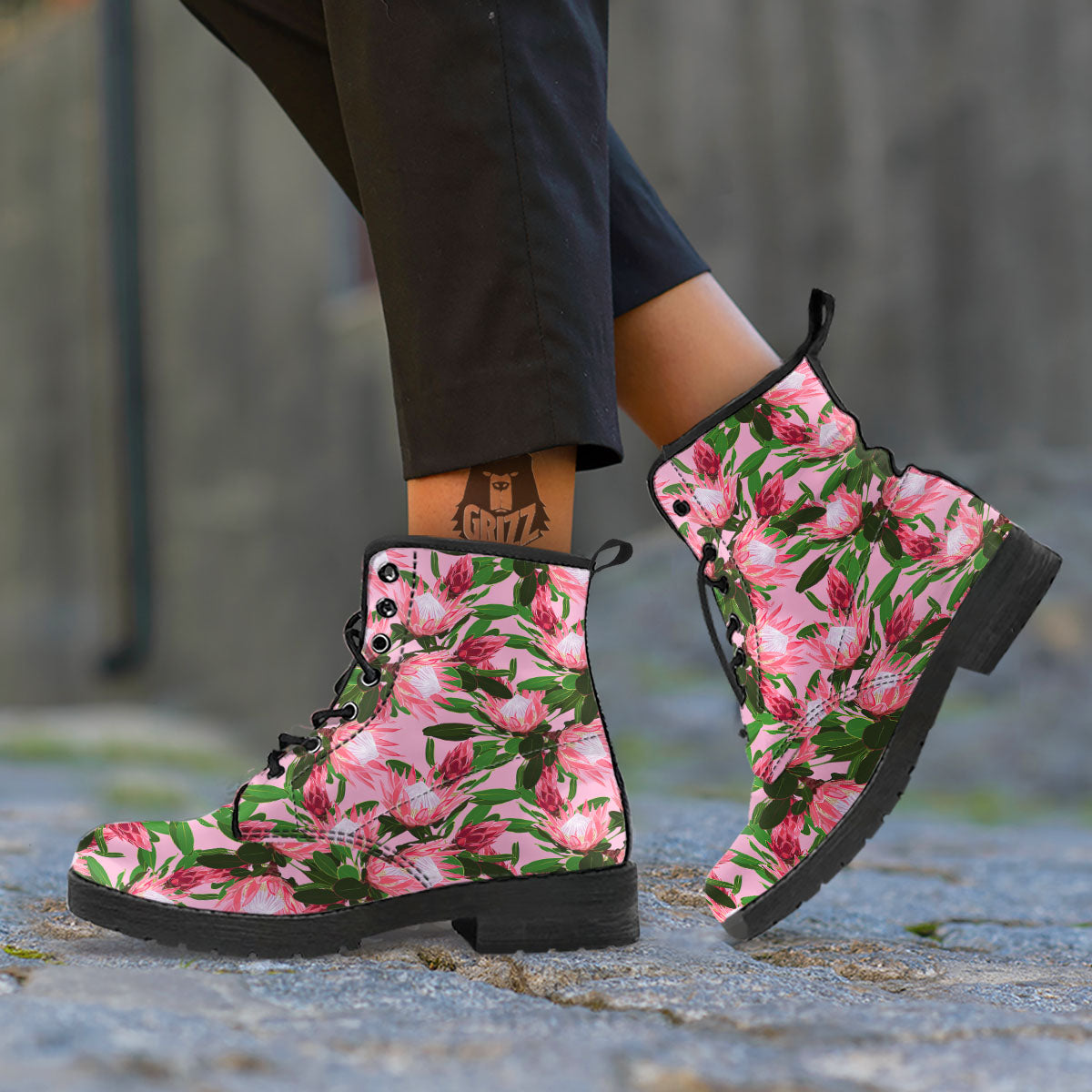 Floral Protea Print Pattern Leather Boots-grizzshop