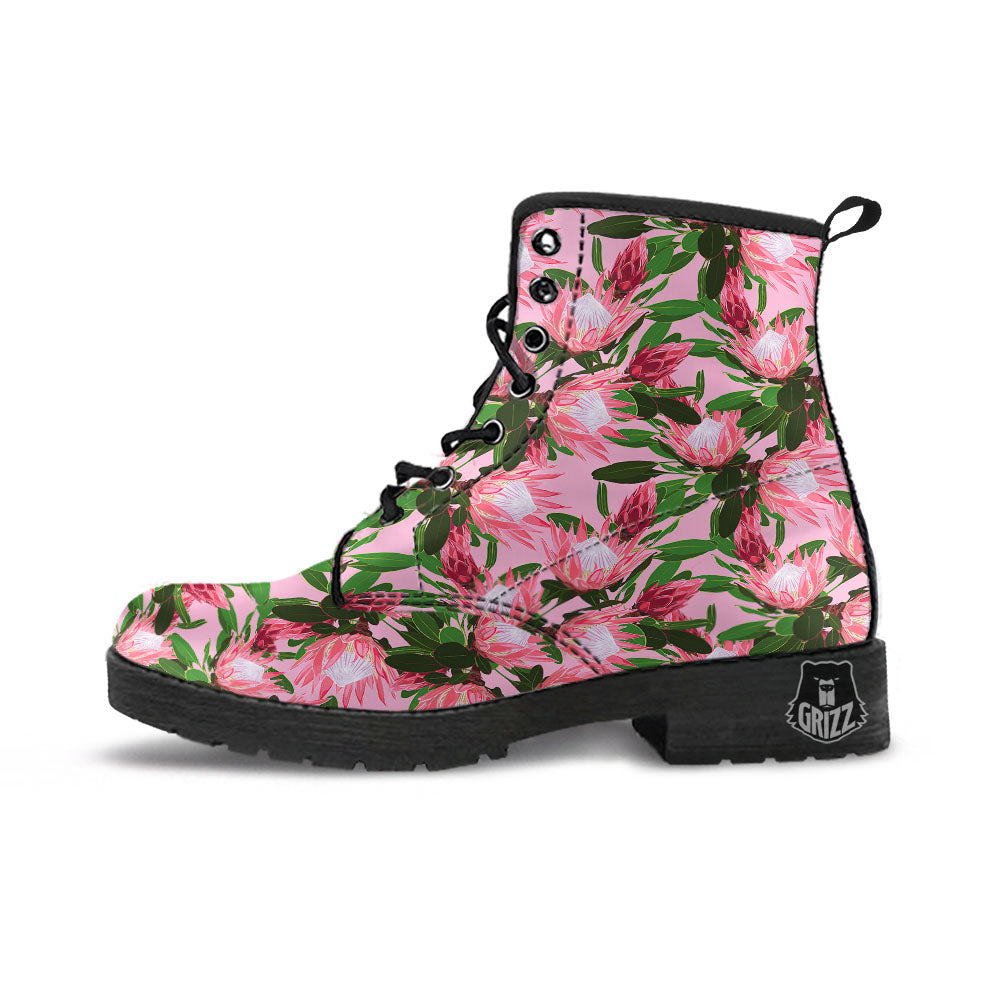 Floral Protea Print Pattern Leather Boots-grizzshop