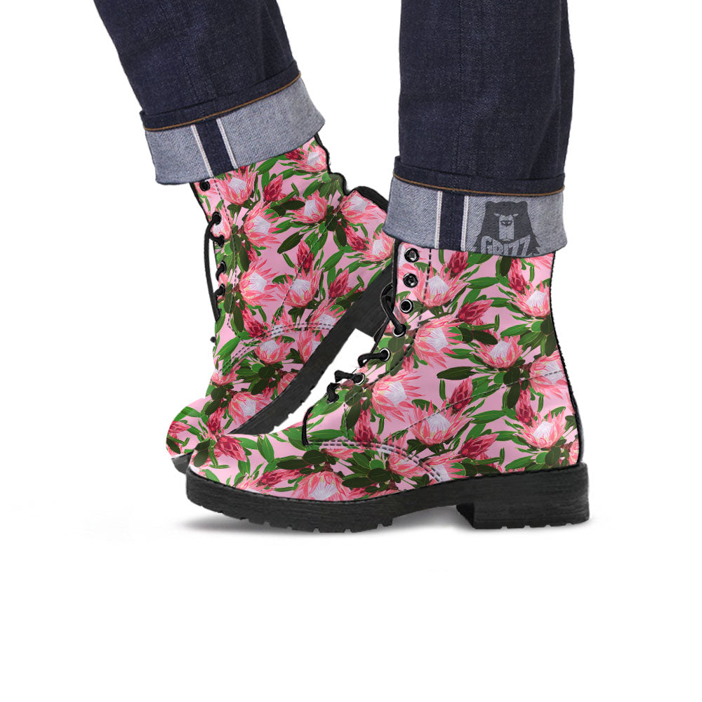 Floral Protea Print Pattern Leather Boots-grizzshop