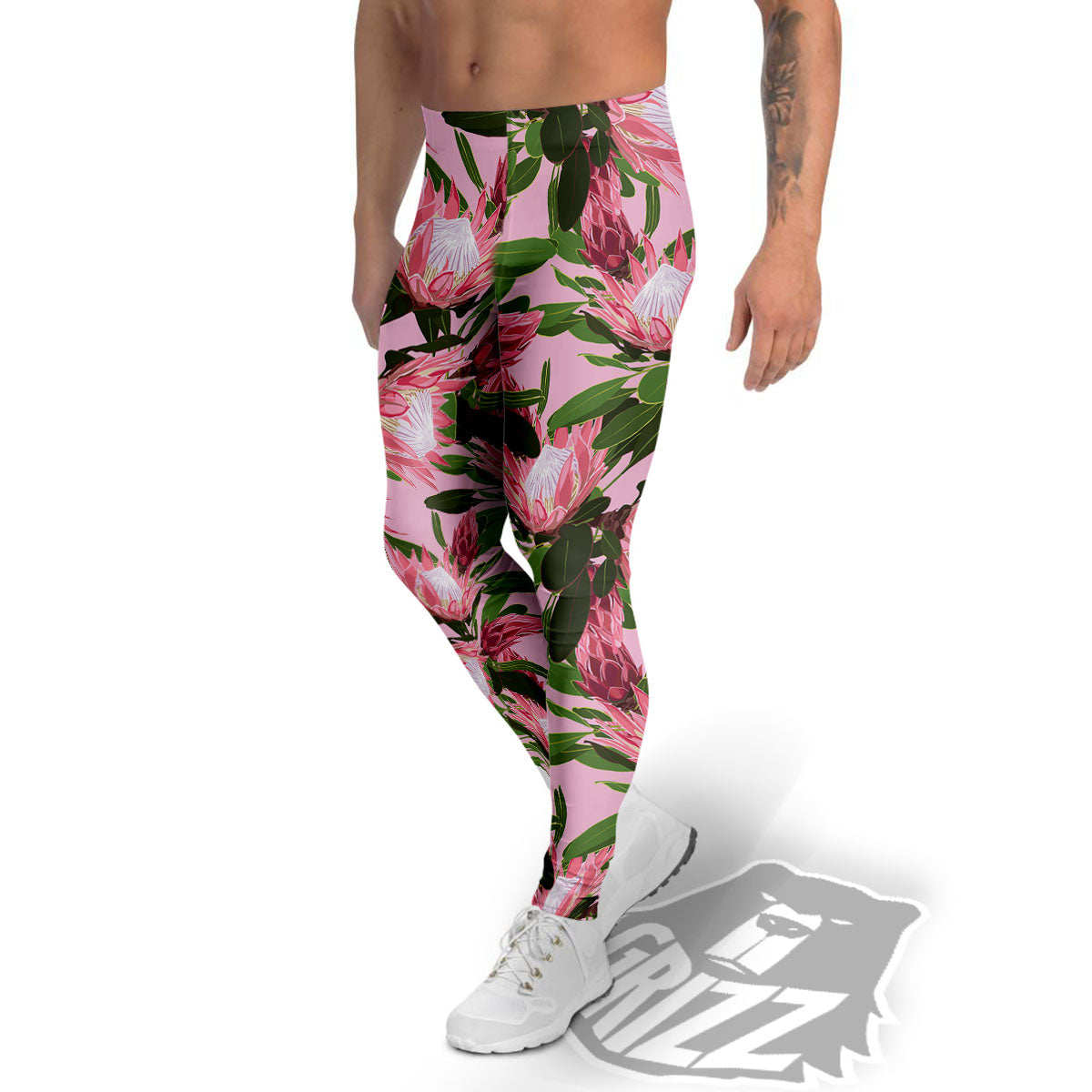 Floral Protea Print Pattern Men's Leggings-grizzshop