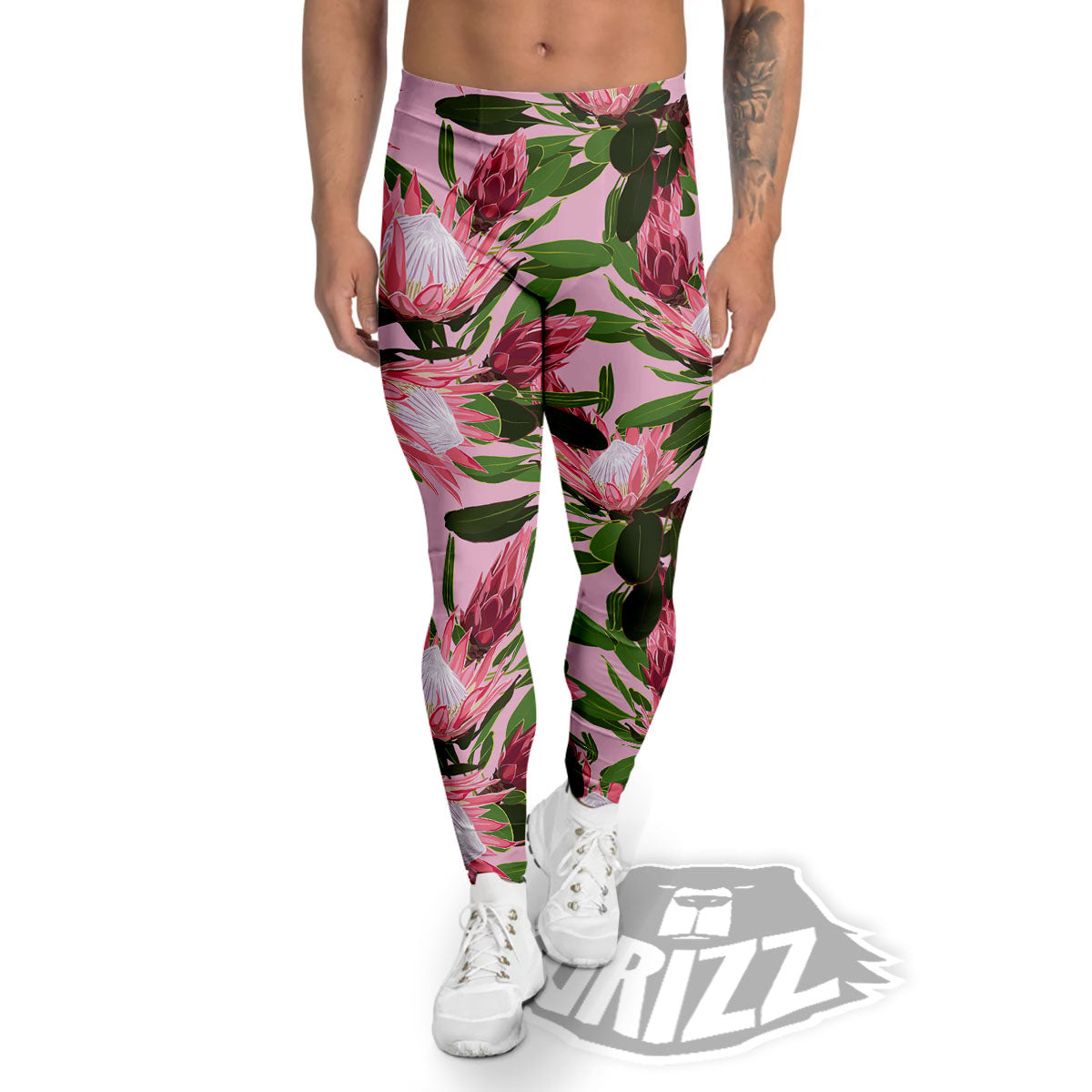 Floral Protea Print Pattern Men's Leggings-grizzshop