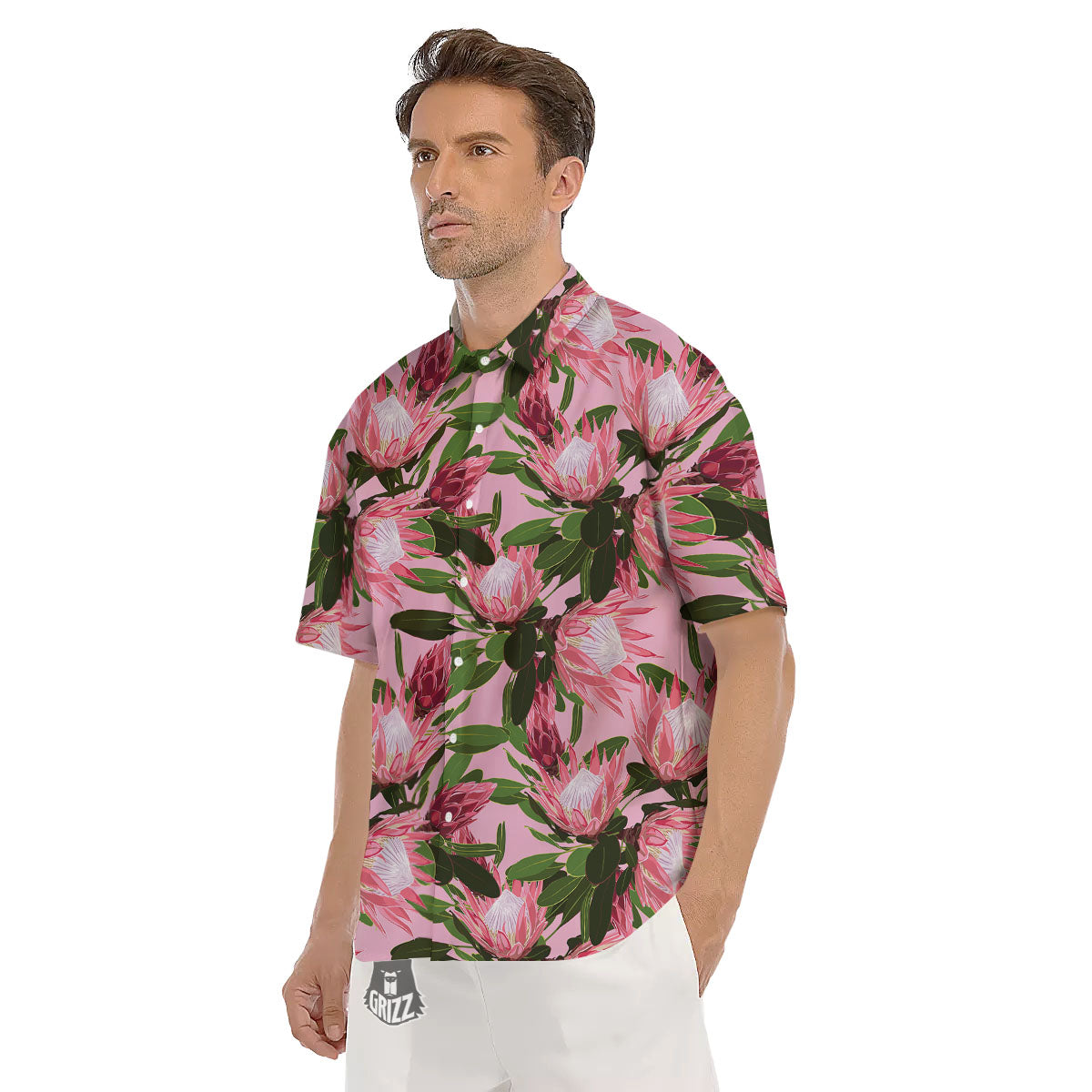 Floral Protea Print Pattern Men's Short Sleeve Shirts-grizzshop