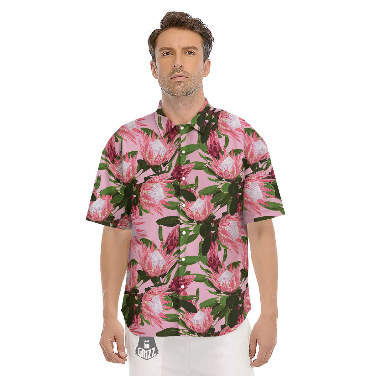 Floral Protea Print Pattern Men's Short Sleeve Shirts-grizzshop