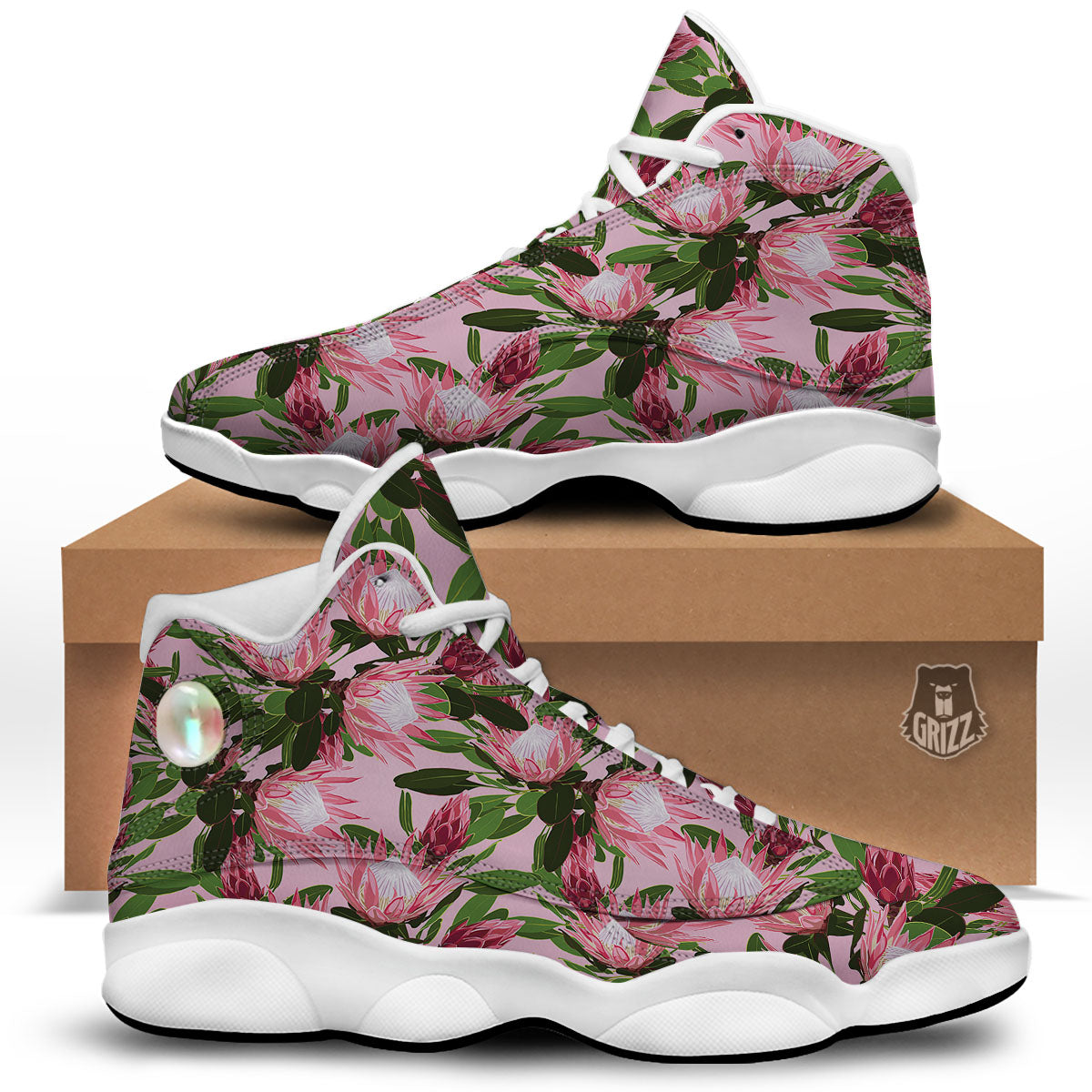 Floral Protea Print Pattern White Basketball Shoes-grizzshop