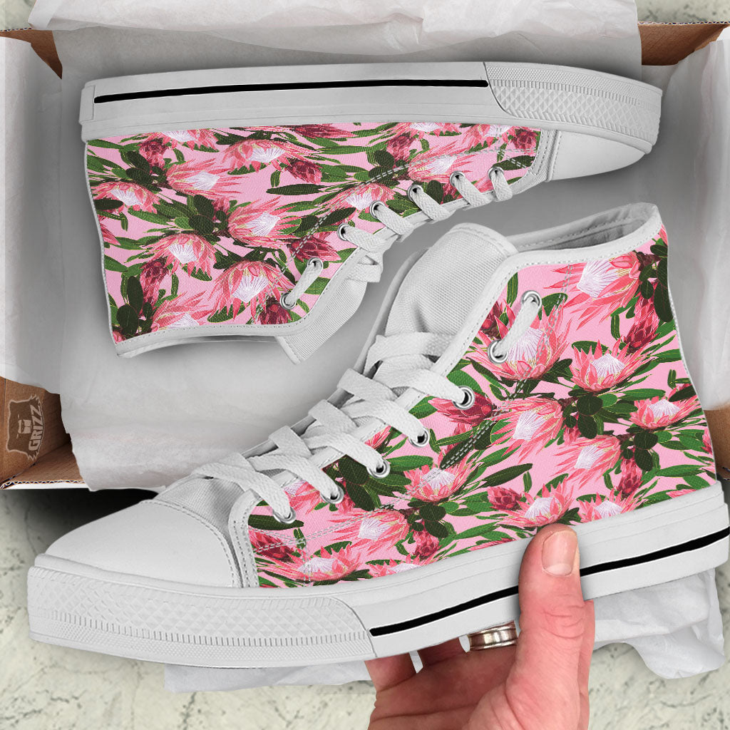 Floral Protea Print Pattern White High Top Shoes-grizzshop