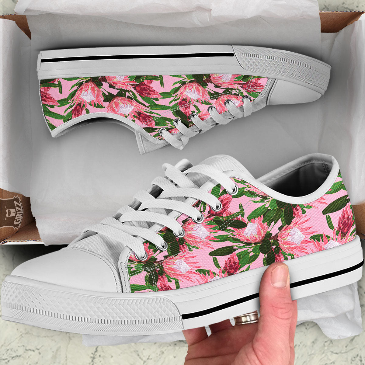 Floral Protea Print Pattern White Low Top Shoes-grizzshop