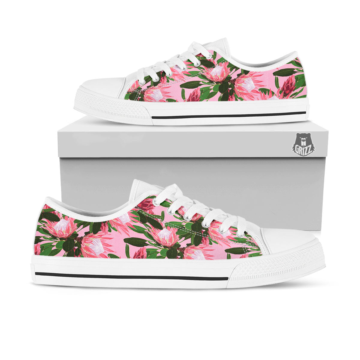 Floral Protea Print Pattern White Low Top Shoes-grizzshop