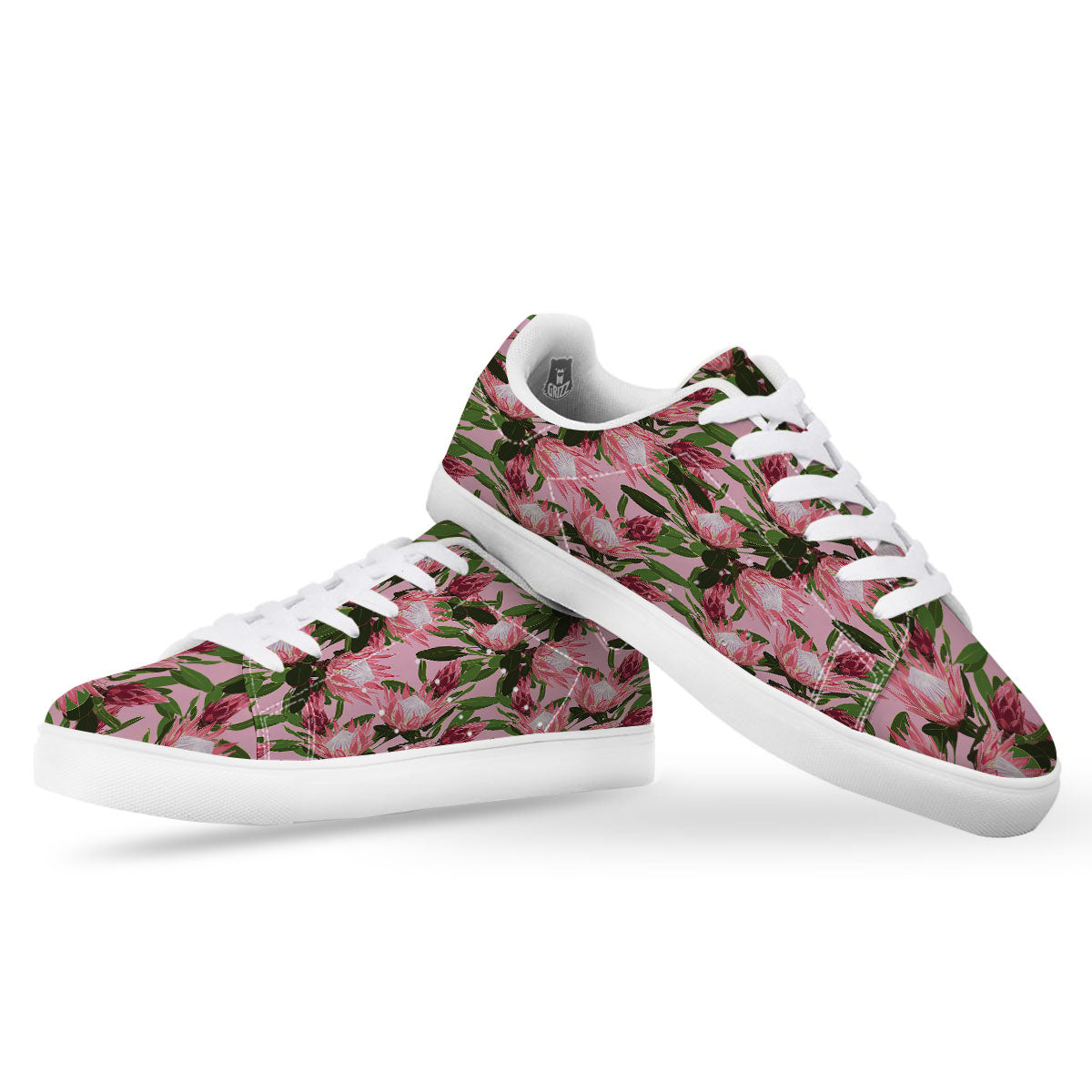 Floral Protea Print Pattern White Low Top Sneakers-grizzshop
