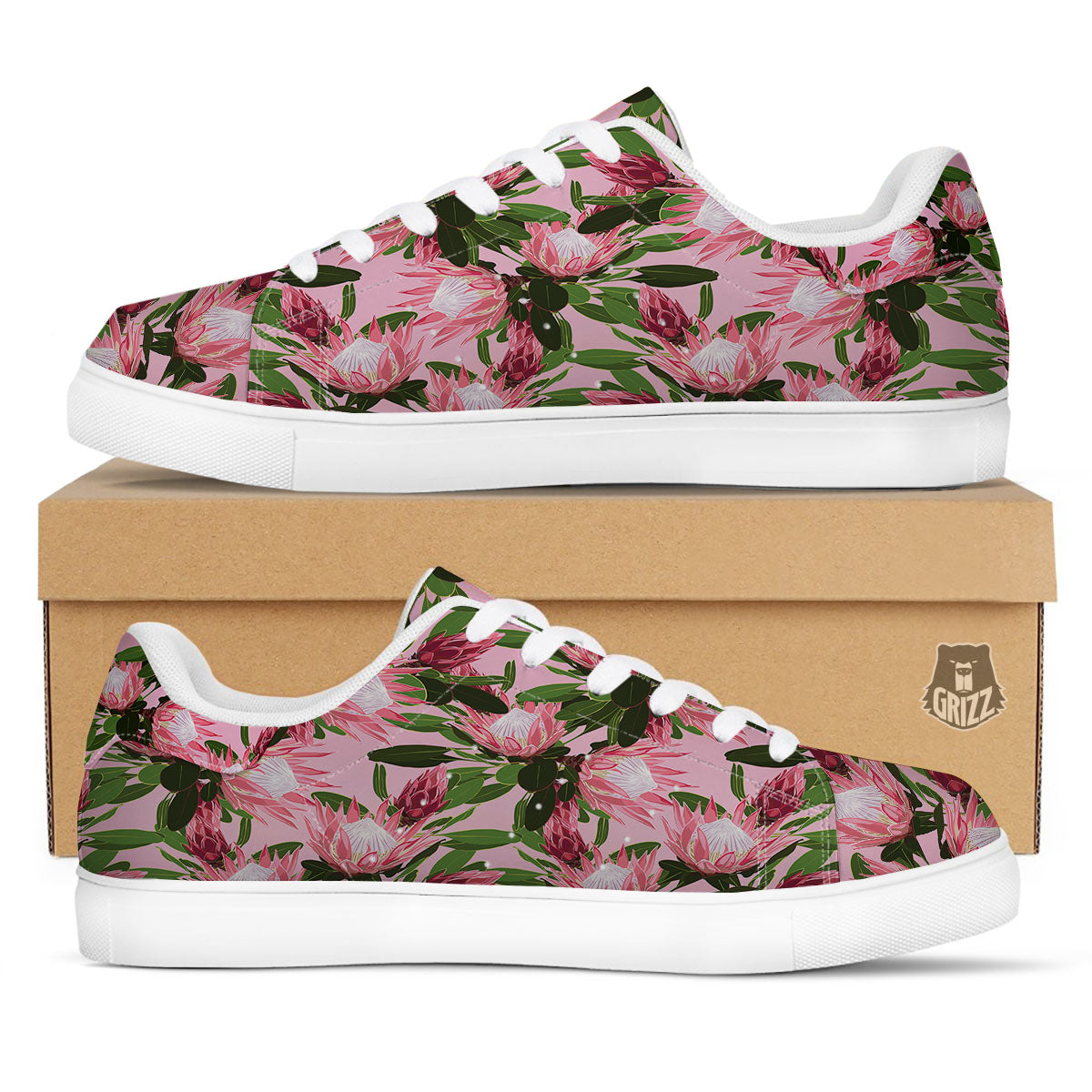Floral Protea Print Pattern White Low Top Sneakers-grizzshop