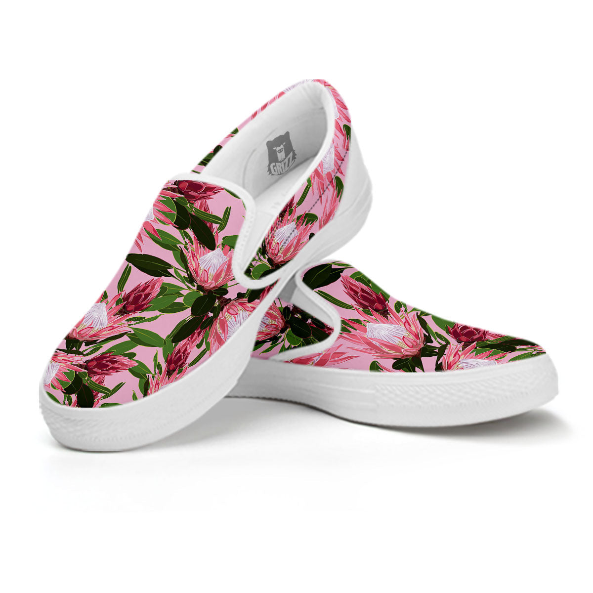 Floral Protea Print Pattern White Slip On Shoes-grizzshop
