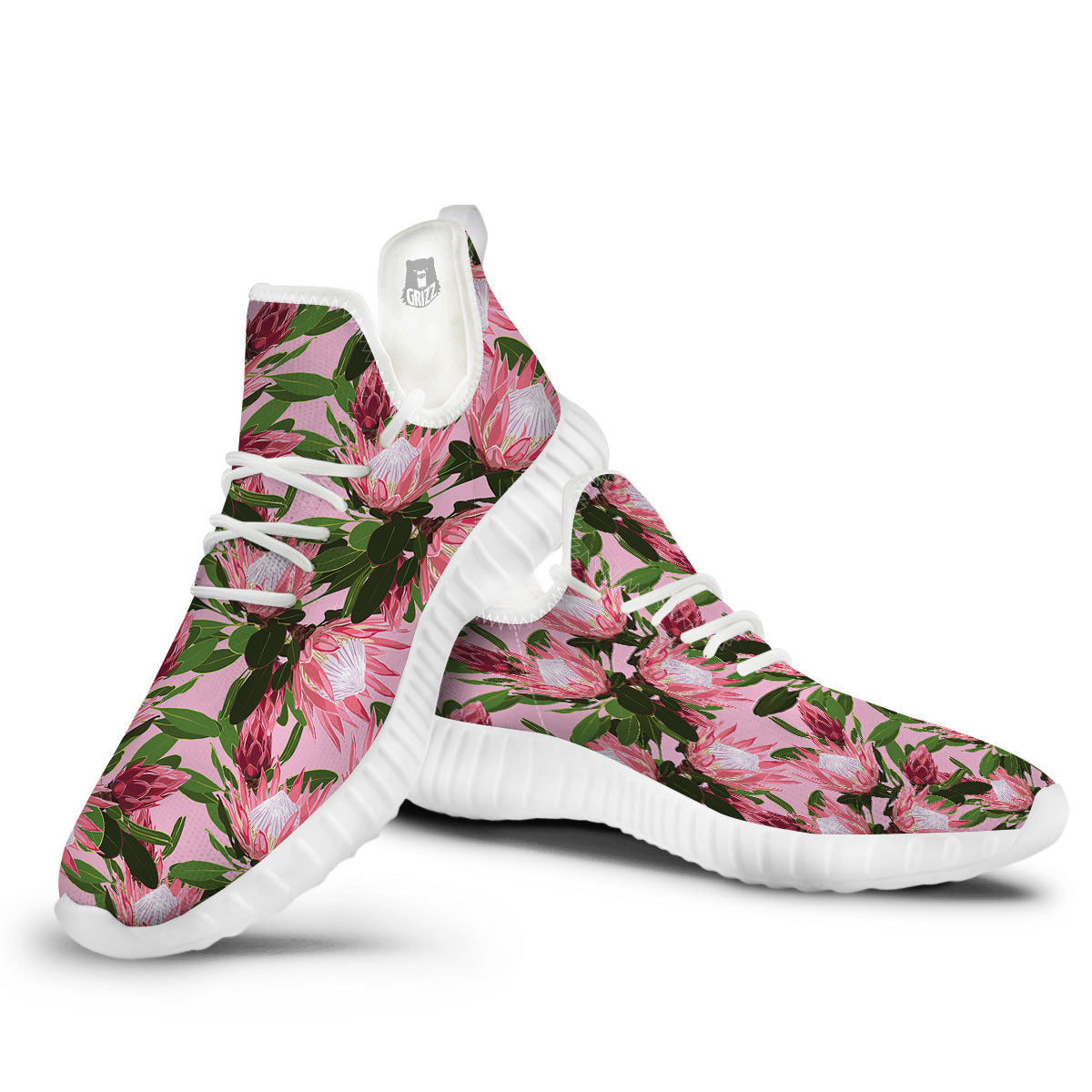 Floral Protea Print Pattern White Walking Shoes-grizzshop