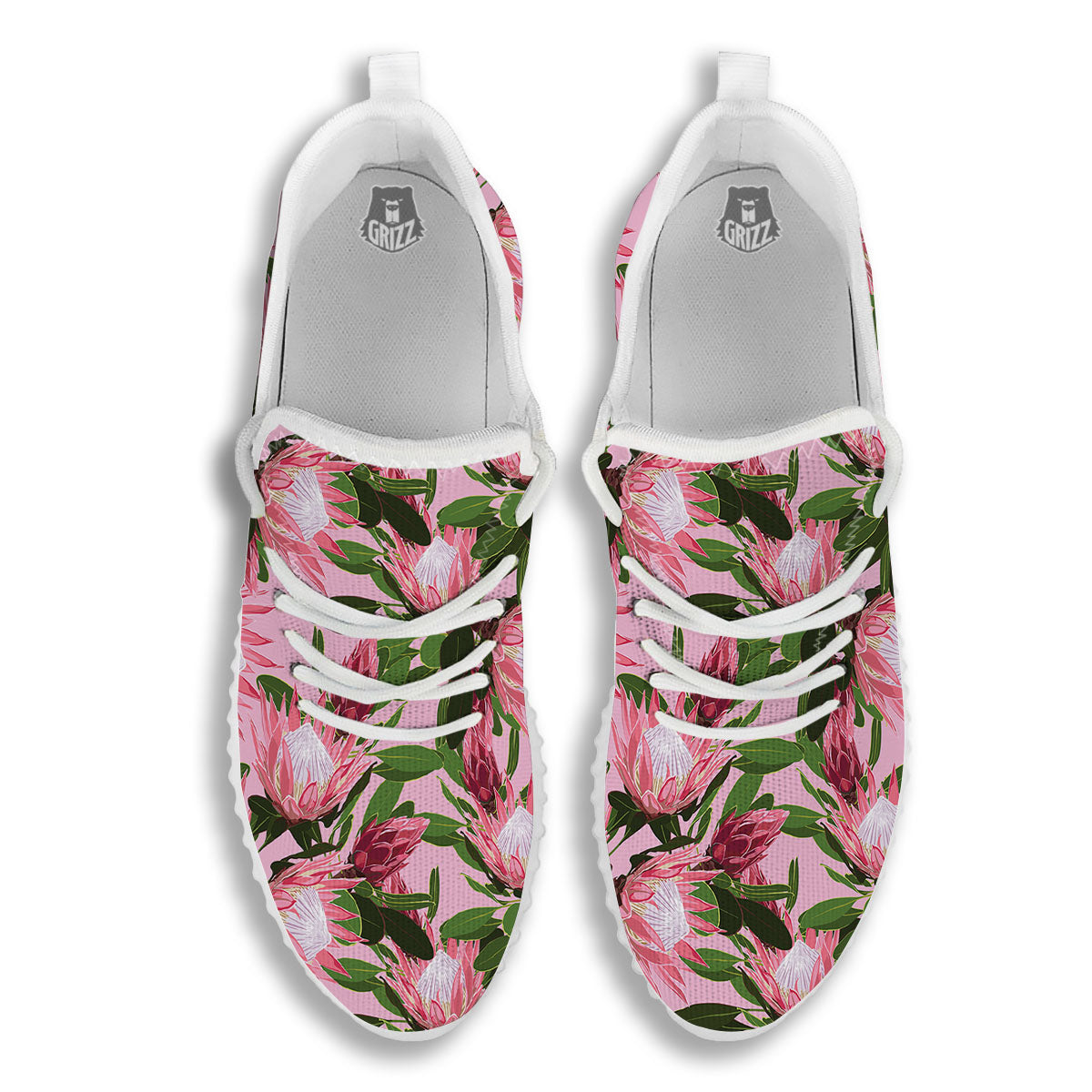 Floral Protea Print Pattern White Walking Shoes-grizzshop