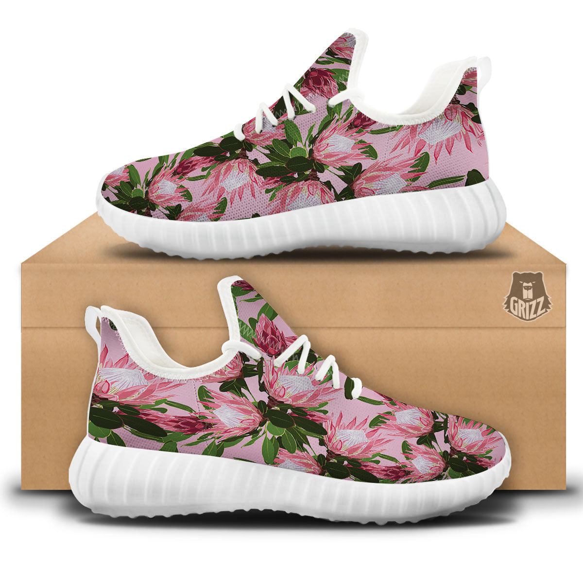 Floral Protea Print Pattern White Walking Shoes-grizzshop