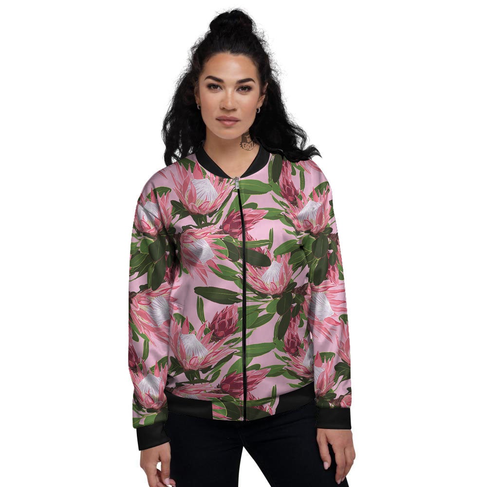 Floral Protea Print Pattern Women's Bomber Jacket-grizzshop