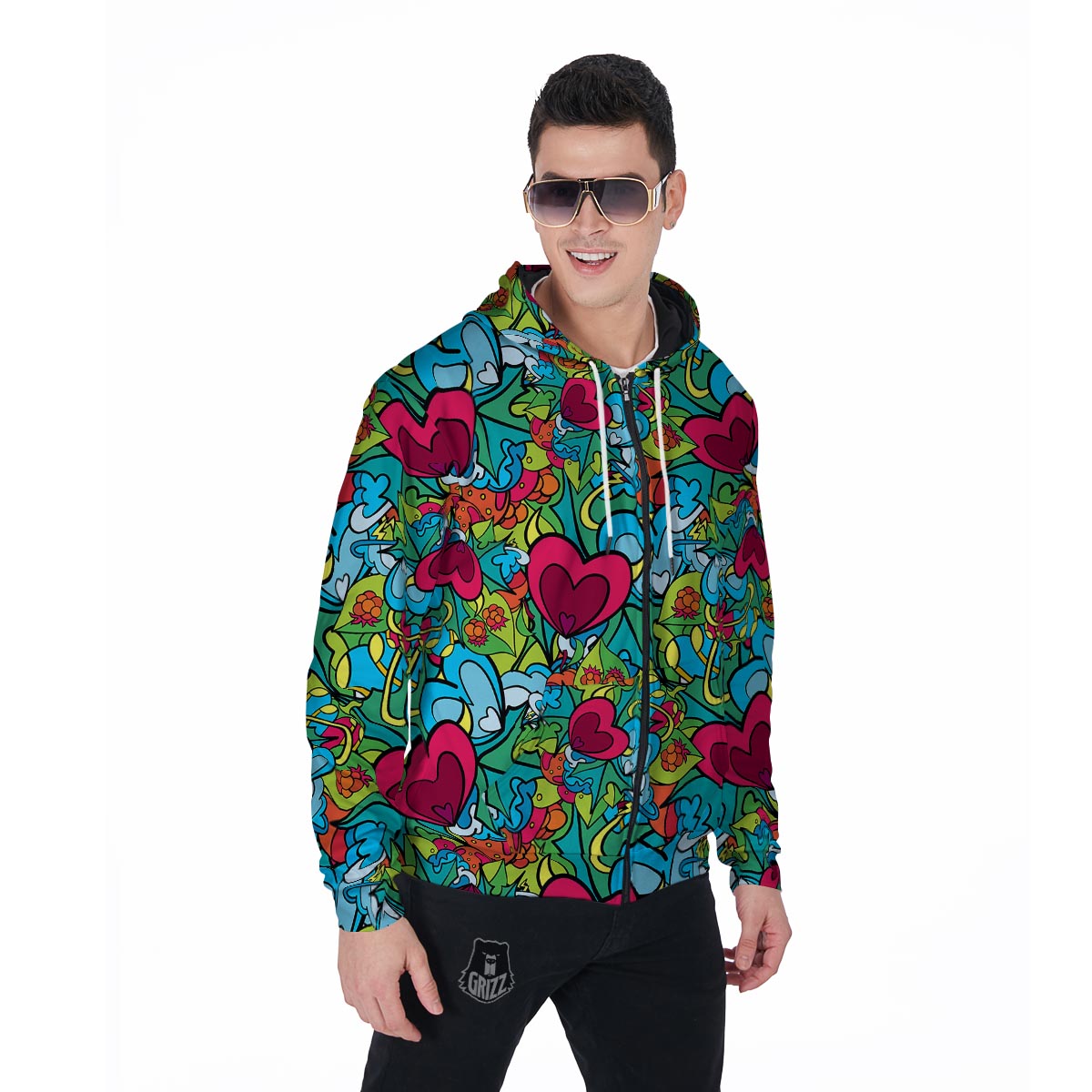 Floral Psychedelic Men's Zip Up Hoodie-grizzshop