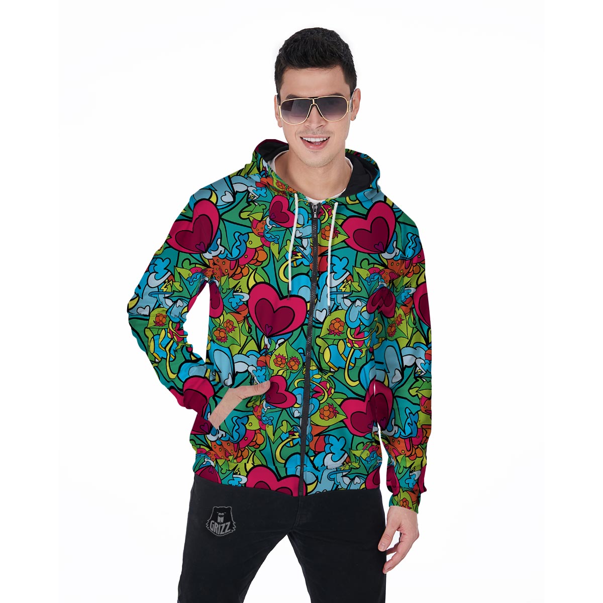 Floral Psychedelic Men's Zip Up Hoodie-grizzshop