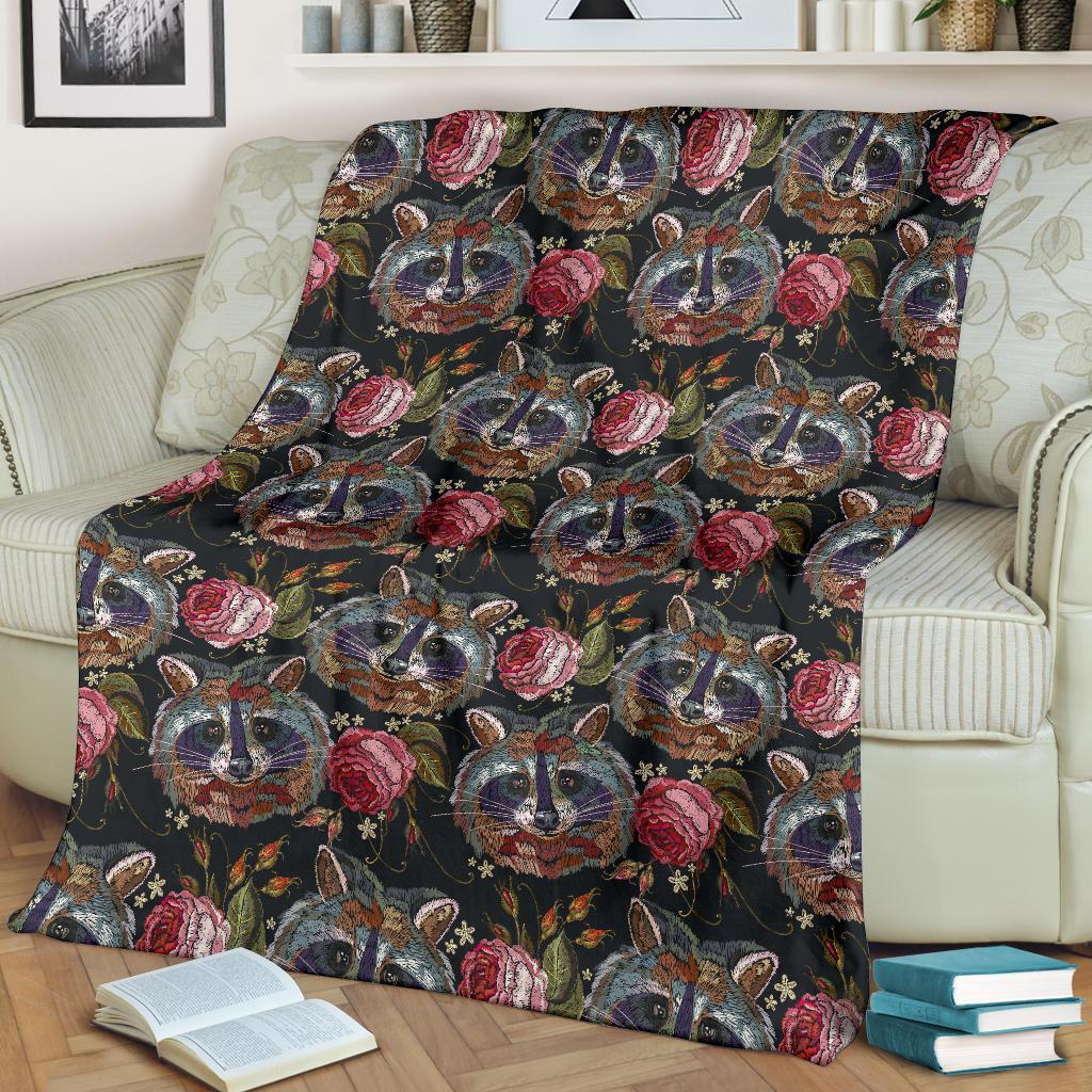 Floral Raccoon Pattern Print Blanket-grizzshop