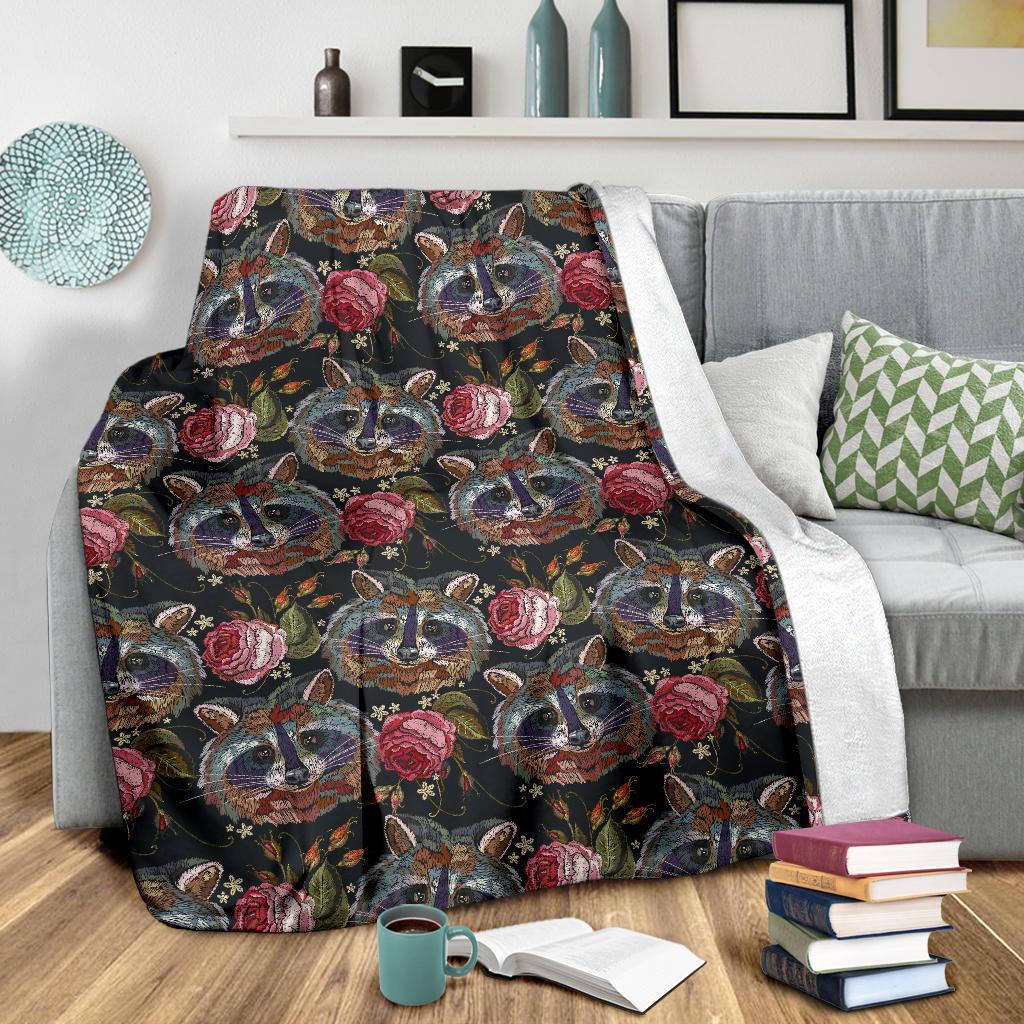 Floral Raccoon Pattern Print Blanket-grizzshop