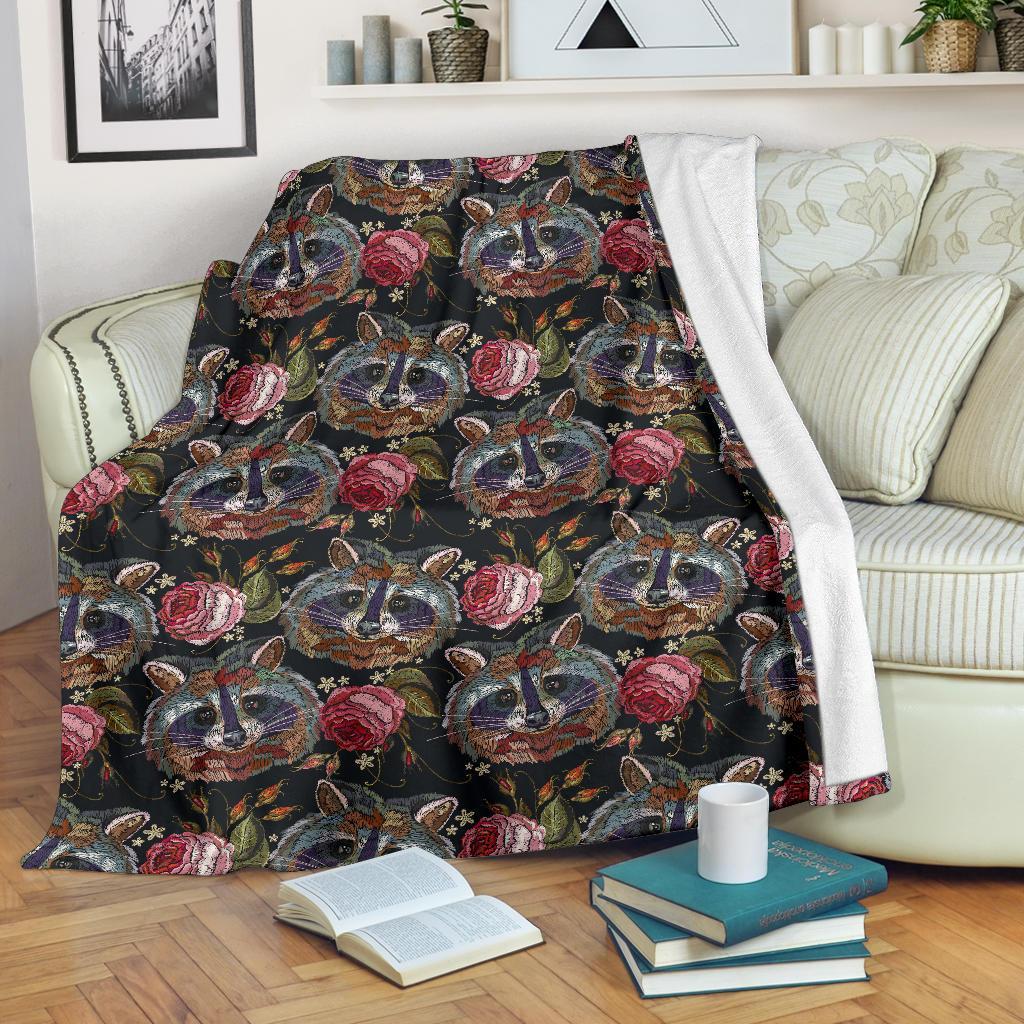 Floral Raccoon Pattern Print Blanket-grizzshop