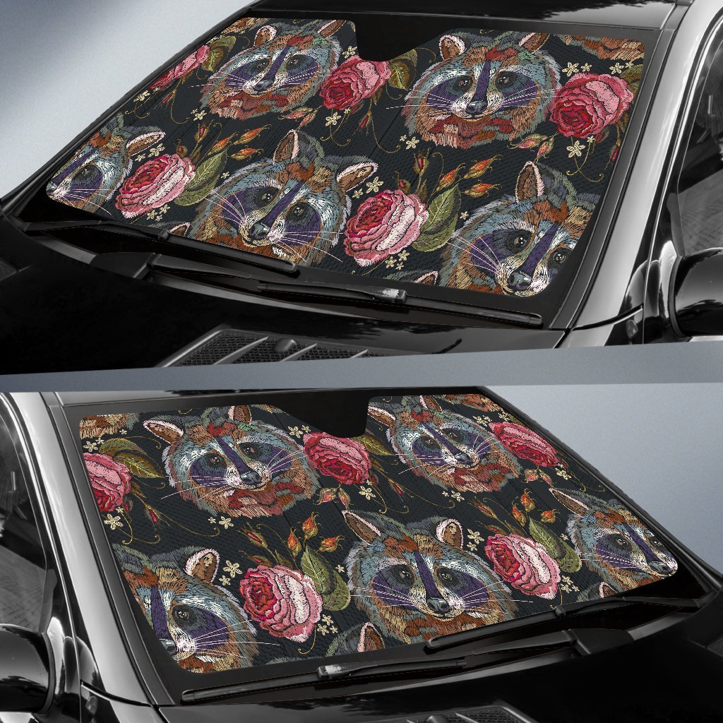 Floral Raccoon Pattern Print Car Sun Shade-grizzshop