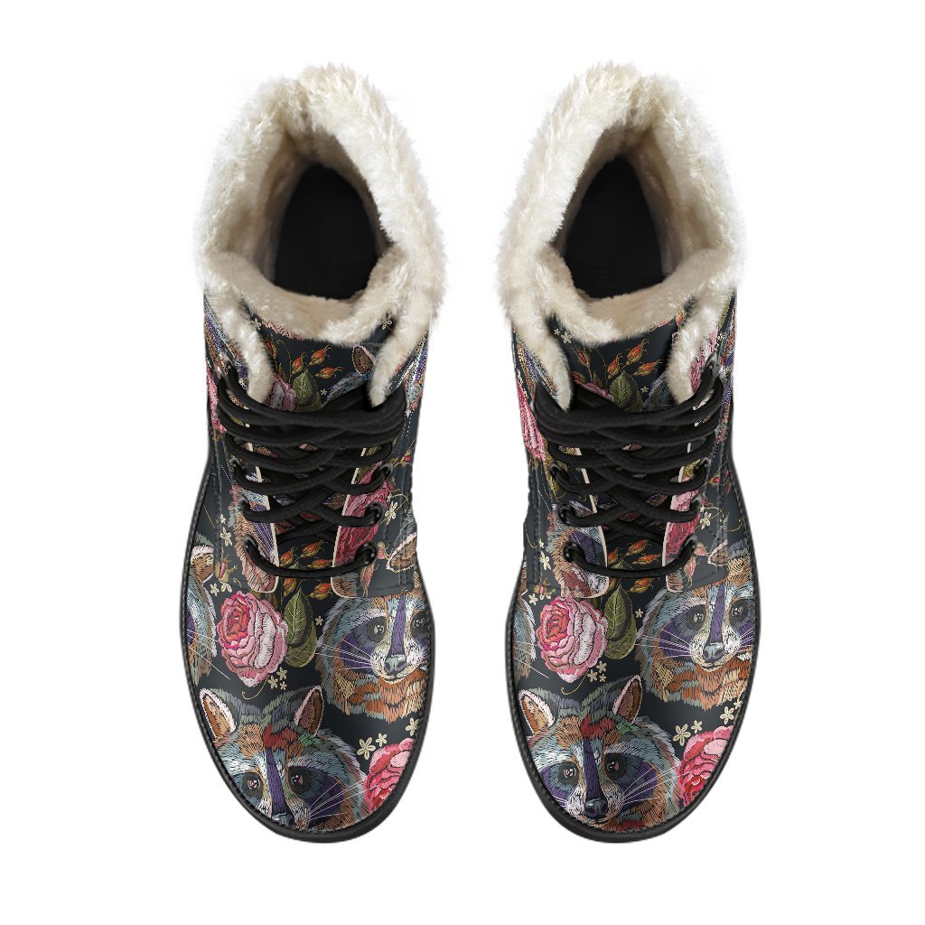 Floral Raccoon Pattern Print Comfy Winter Boots-grizzshop
