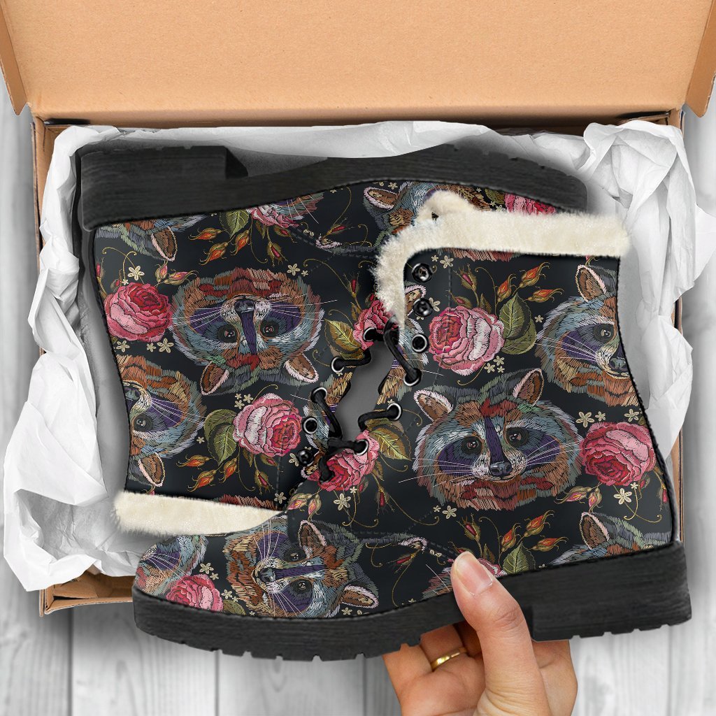 Floral Raccoon Pattern Print Comfy Winter Boots-grizzshop