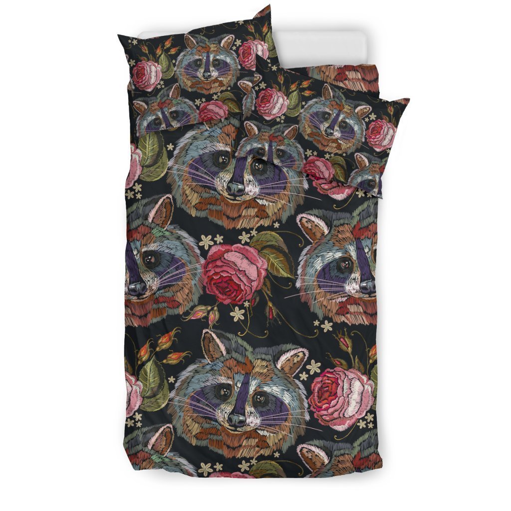 Floral Raccoon Pattern Print Duvet Cover Bedding Set-grizzshop