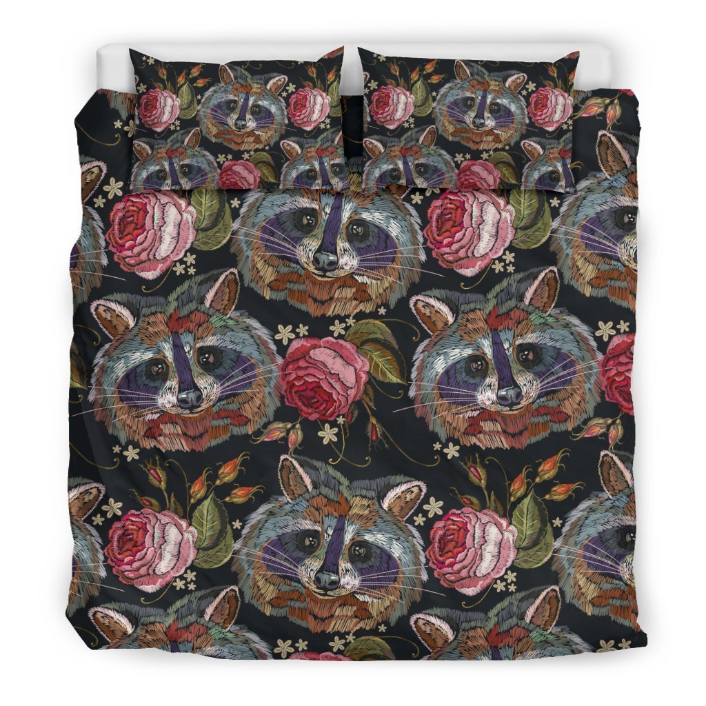 Floral Raccoon Pattern Print Duvet Cover Bedding Set-grizzshop
