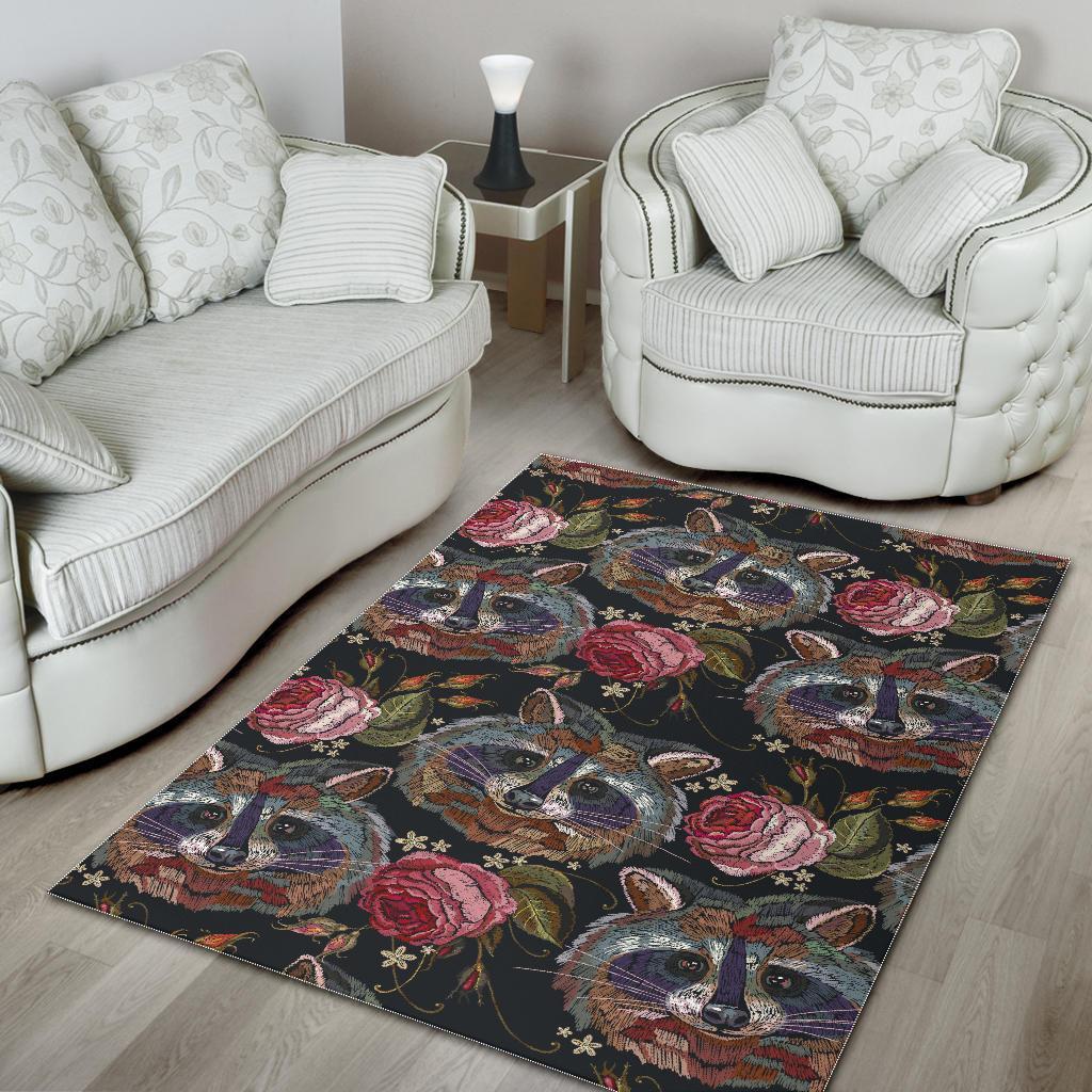 Floral Raccoon Pattern Print Floor Mat-grizzshop