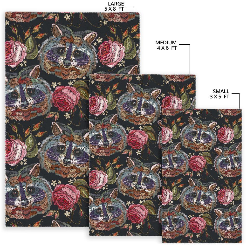 Floral Raccoon Pattern Print Floor Mat-grizzshop