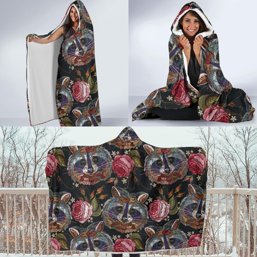 Floral Raccoon Pattern Print Hooded Blanket-grizzshop