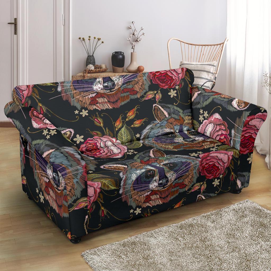 Floral Raccoon Pattern Print Loveseat Cover-grizzshop