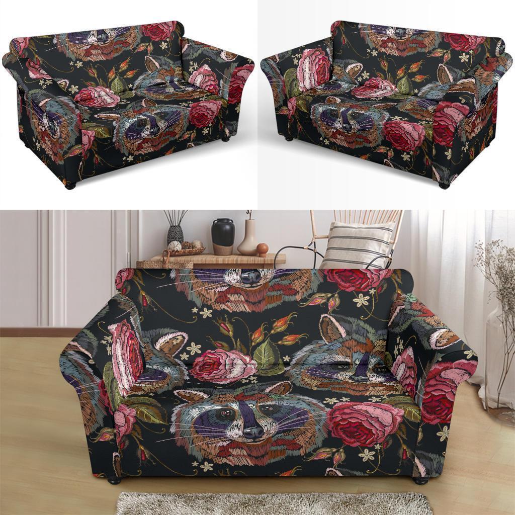 Floral Raccoon Pattern Print Loveseat Cover-grizzshop