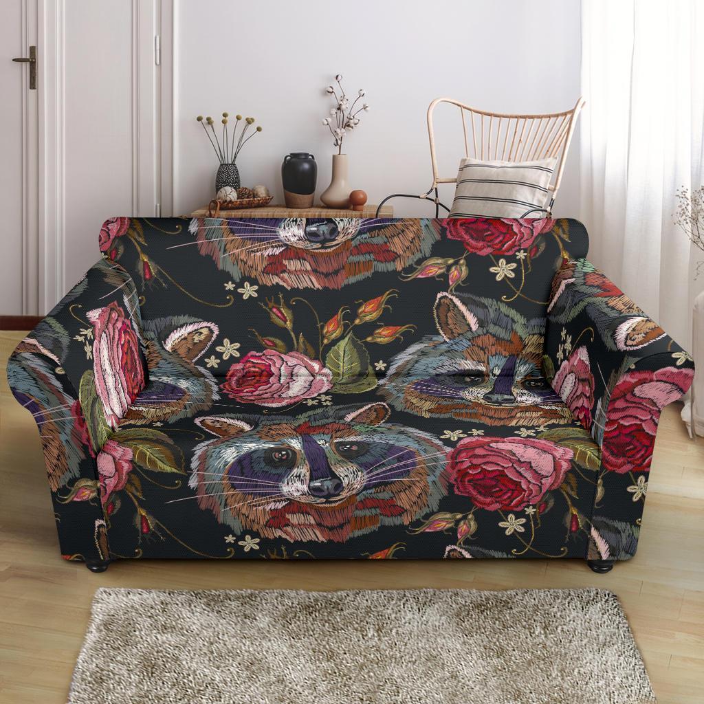 Floral Raccoon Pattern Print Loveseat Cover-grizzshop