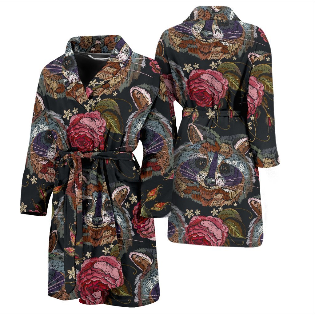 Floral Raccoon Pattern Print Men Long Robe-grizzshop