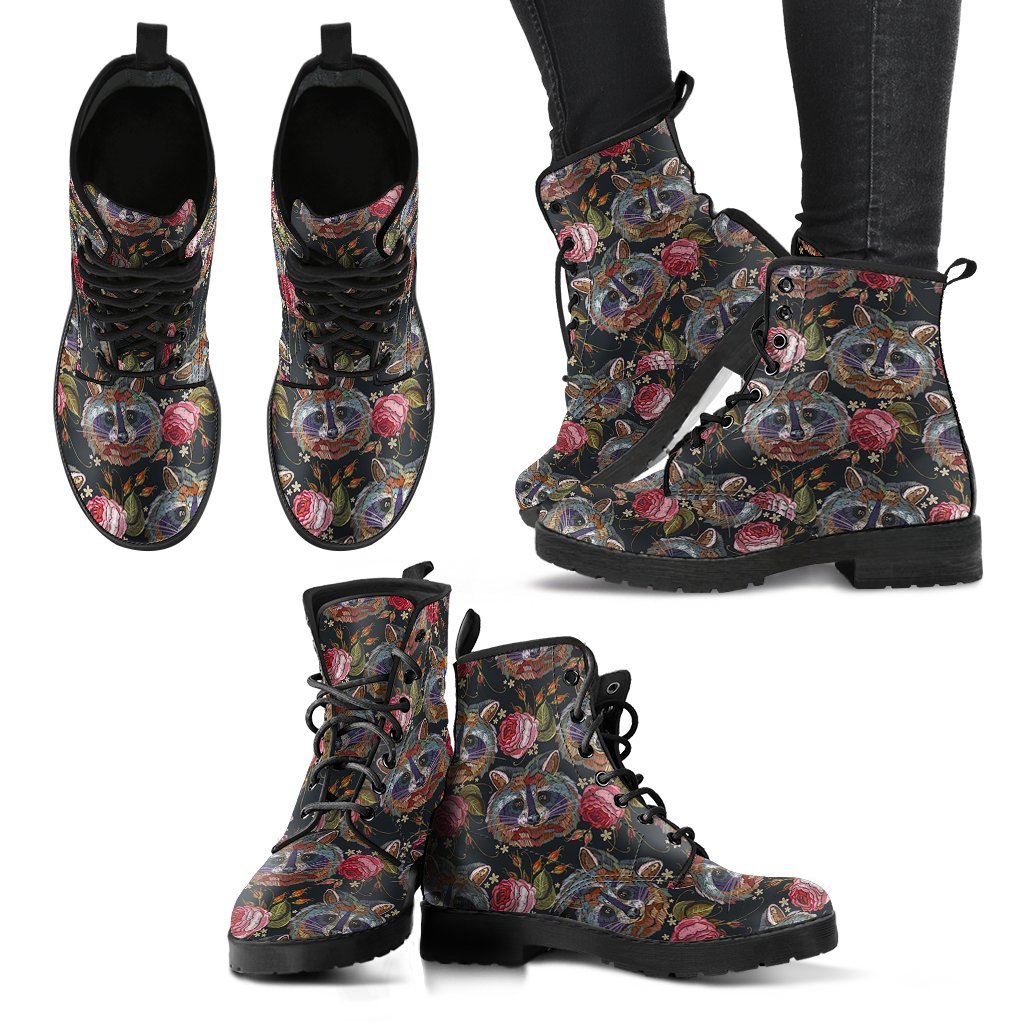 Floral Raccoon Pattern Print Men Women Leather Boots-grizzshop