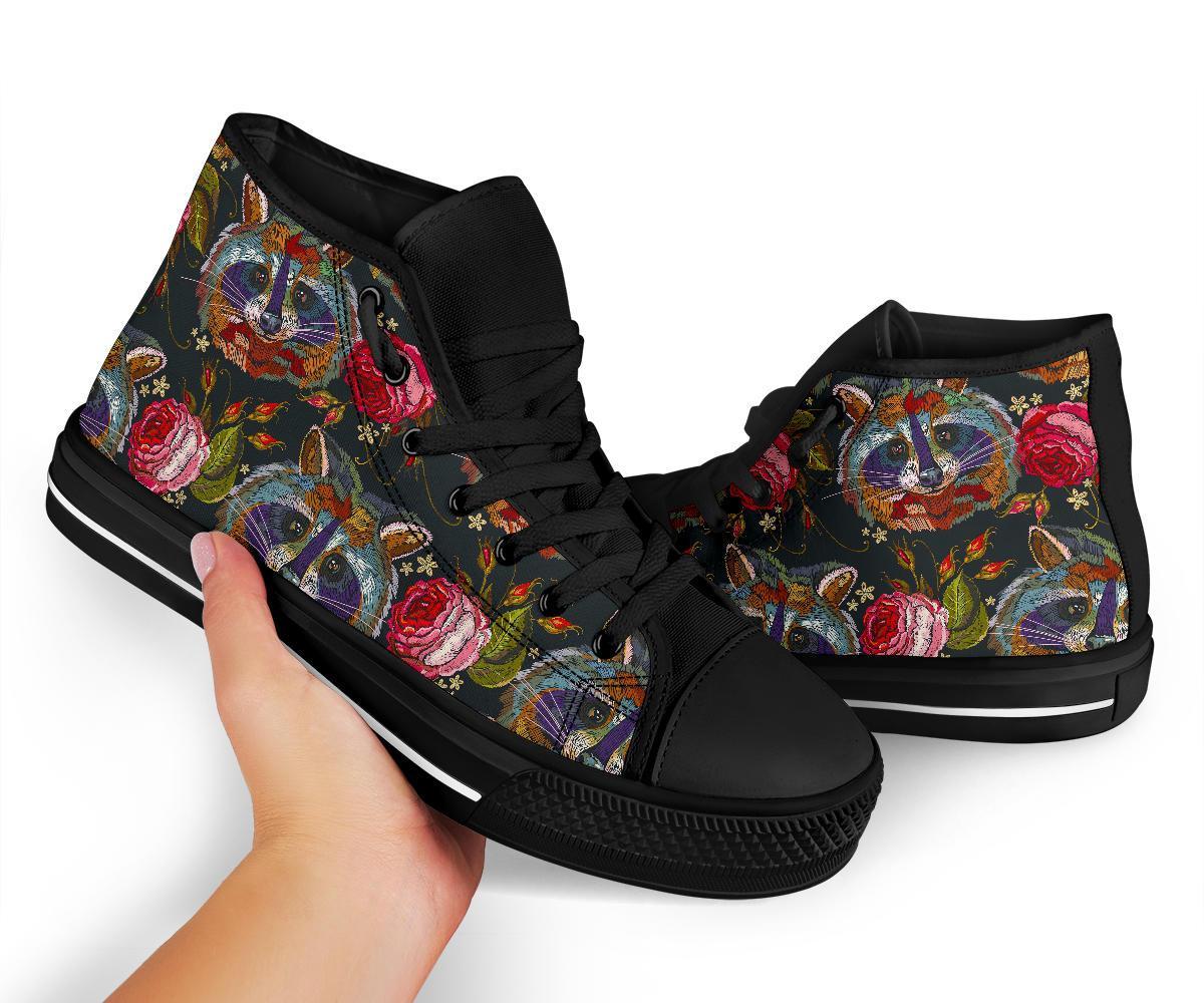 Floral Raccoon Pattern Print Men Women's High Top Shoes-grizzshop