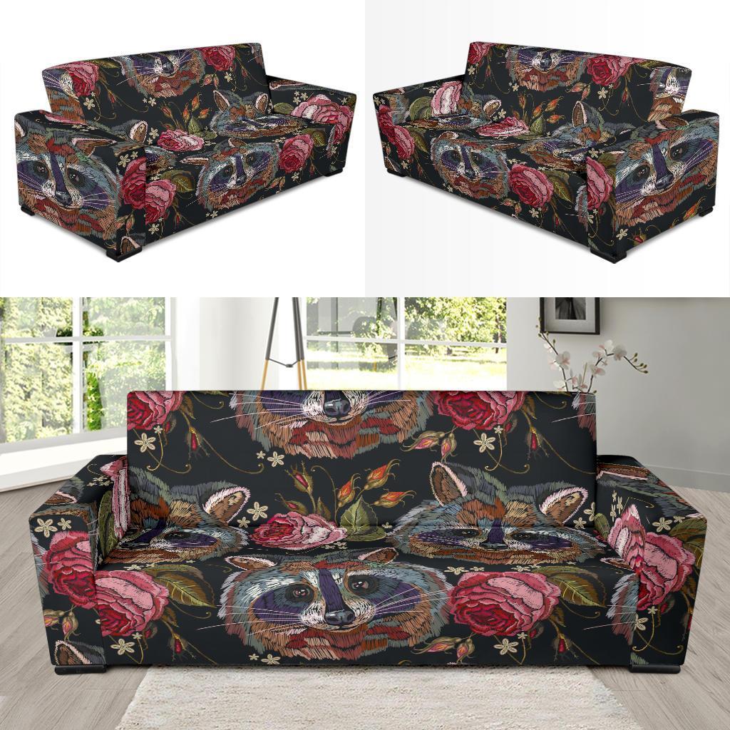 Floral Raccoon Pattern Print Sofa Covers-grizzshop