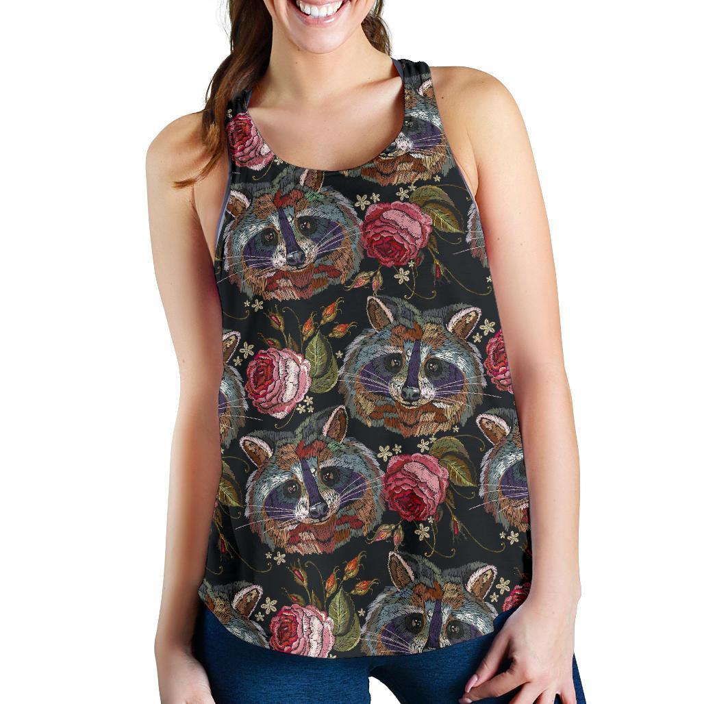Floral Raccoon Pattern Print Women's Racerback Tank Tops-grizzshop