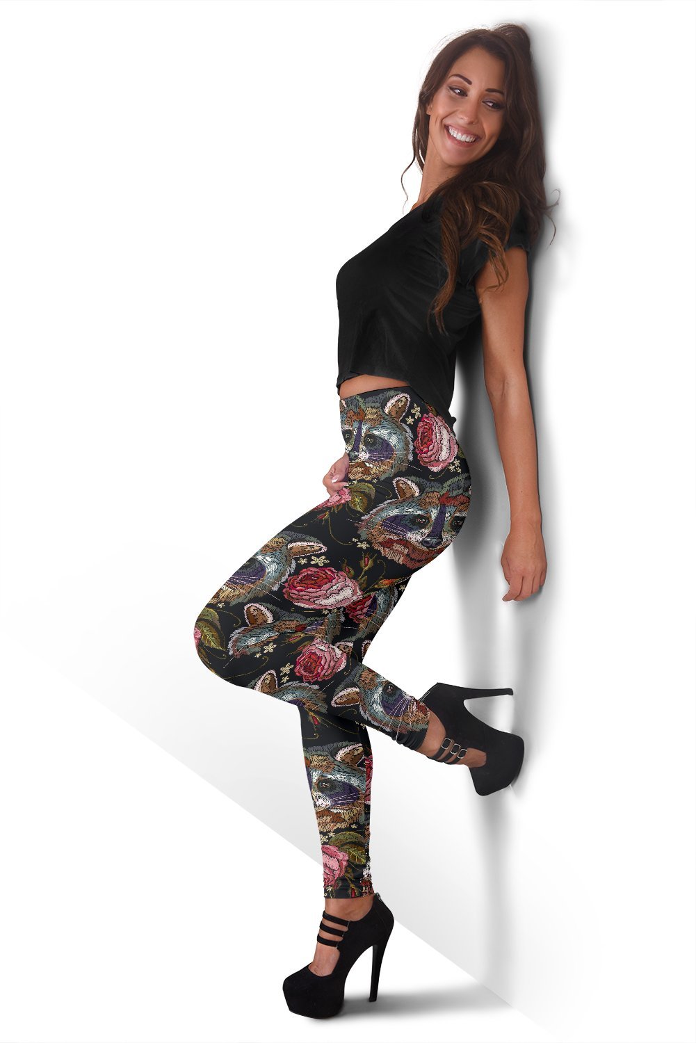 Floral Raccoon Print Pattern Women Leggings-grizzshop