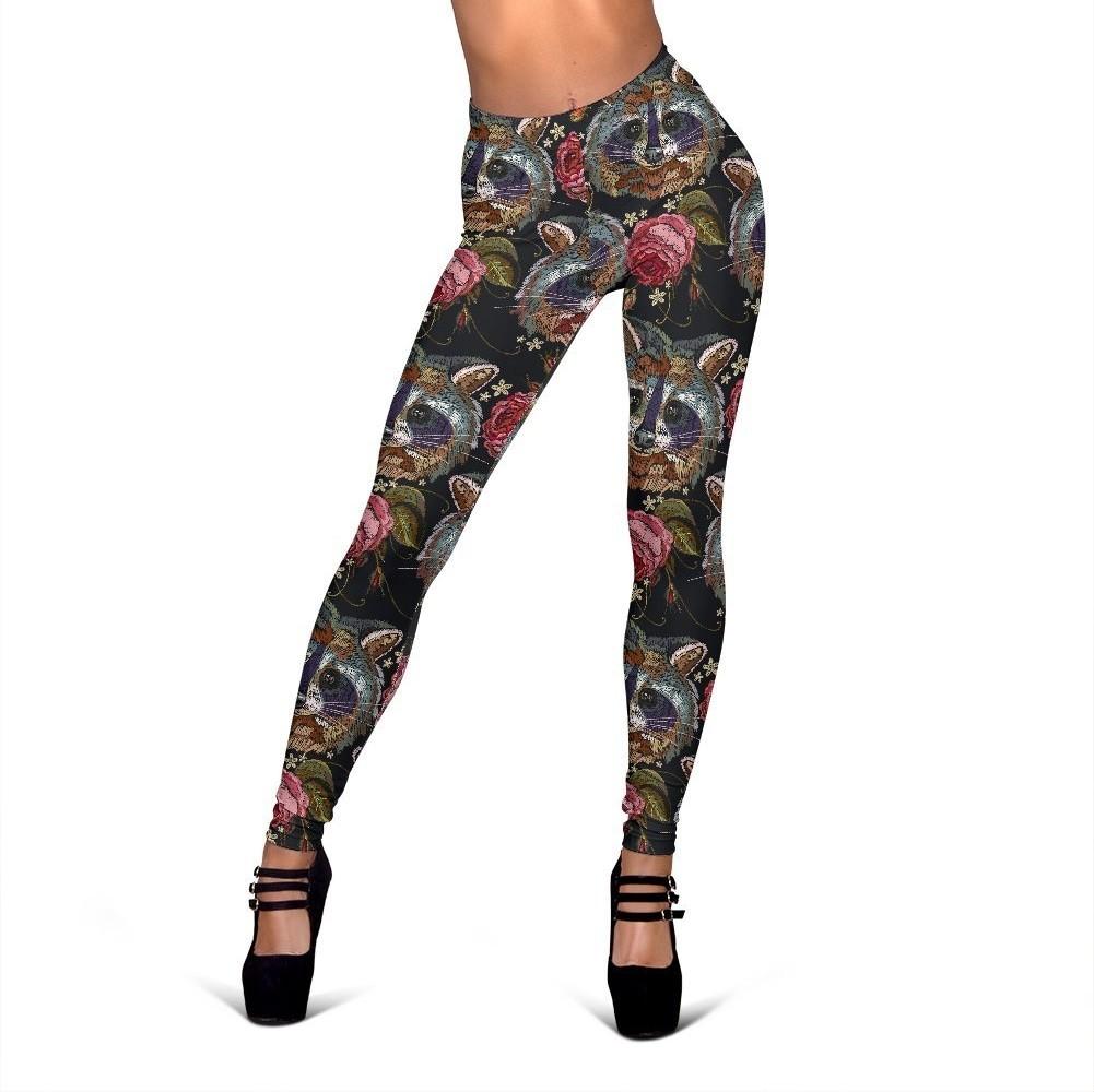 Floral Raccoon Print Pattern Women Leggings-grizzshop