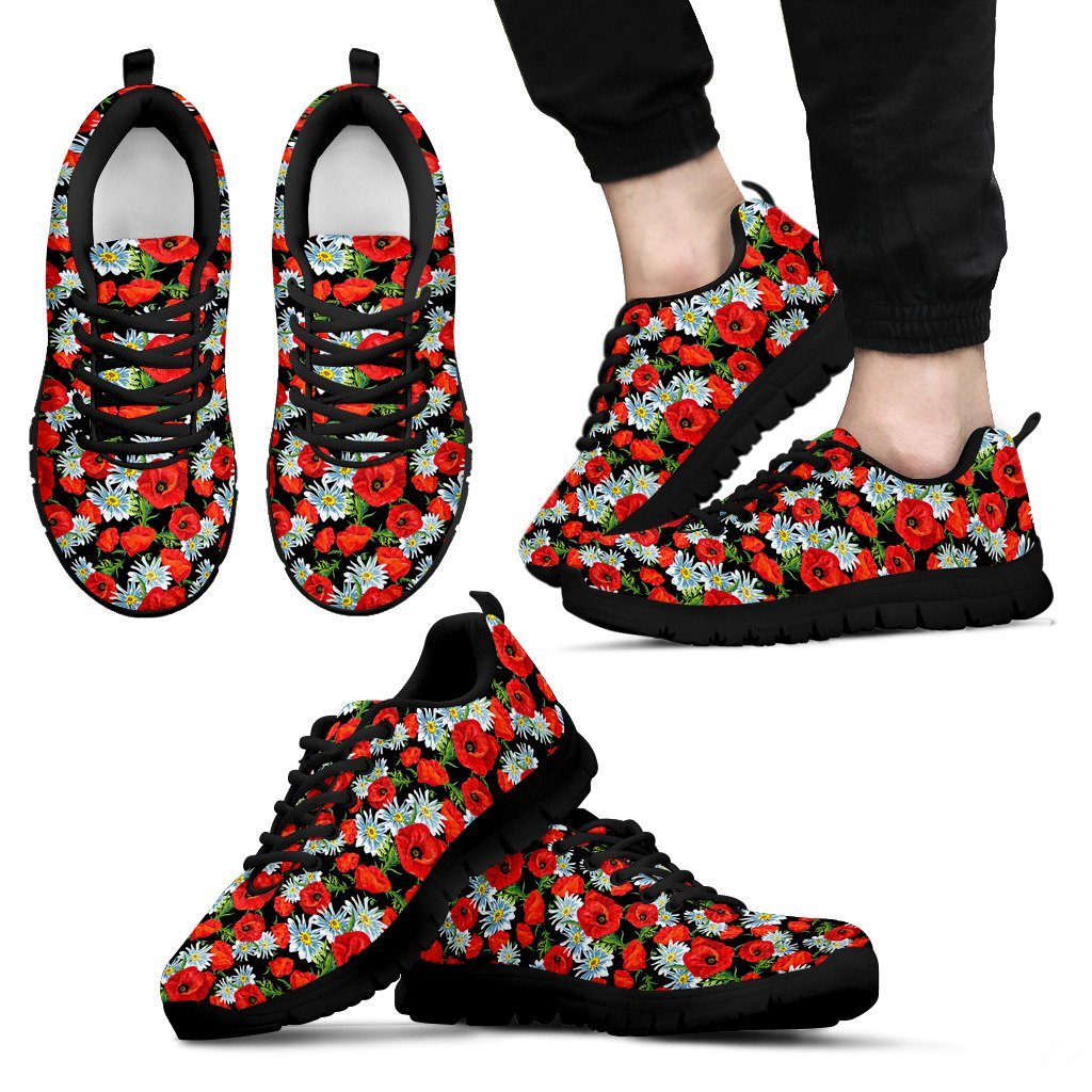 Floral Red Poppy Pattern Print Black Sneaker Shoes For Men Women-grizzshop