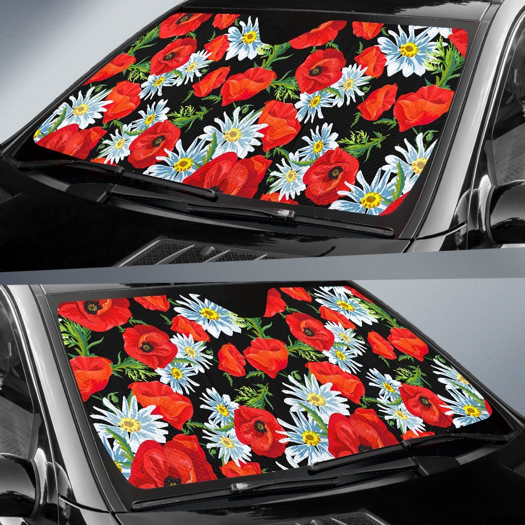Floral Red Poppy Pattern Print Car Sun Shade-grizzshop