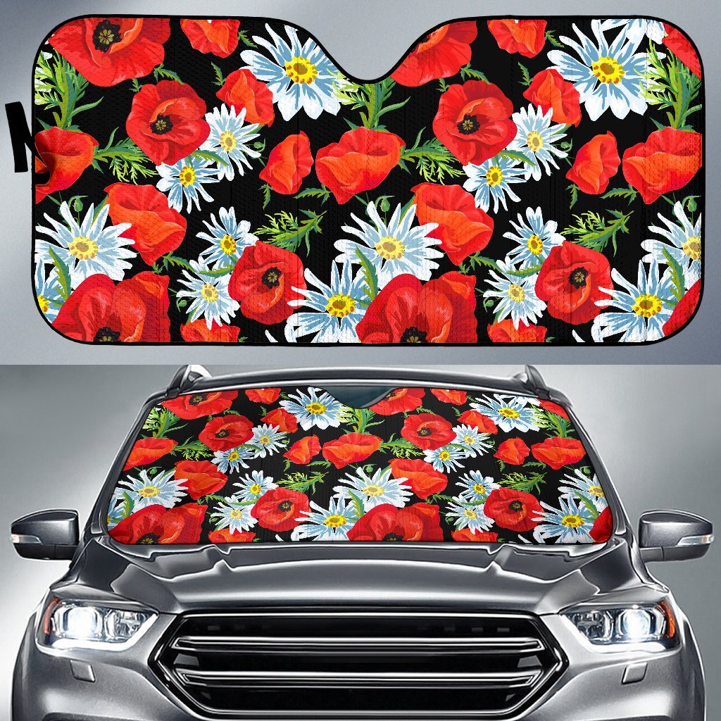 Floral Red Poppy Pattern Print Car Sun Shade-grizzshop