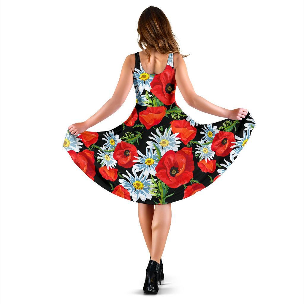 Floral Red Poppy Pattern Print Dress-grizzshop