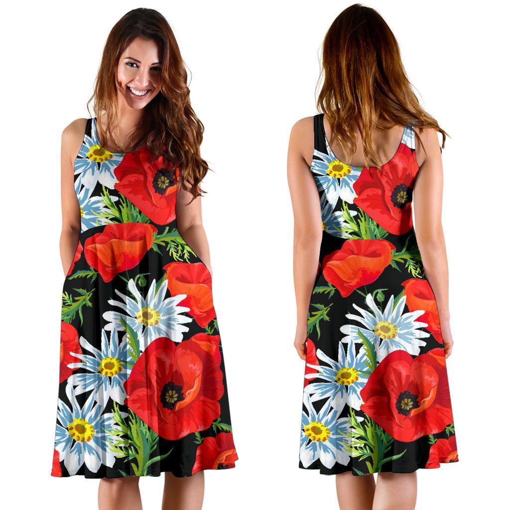 Floral Red Poppy Pattern Print Dress-grizzshop