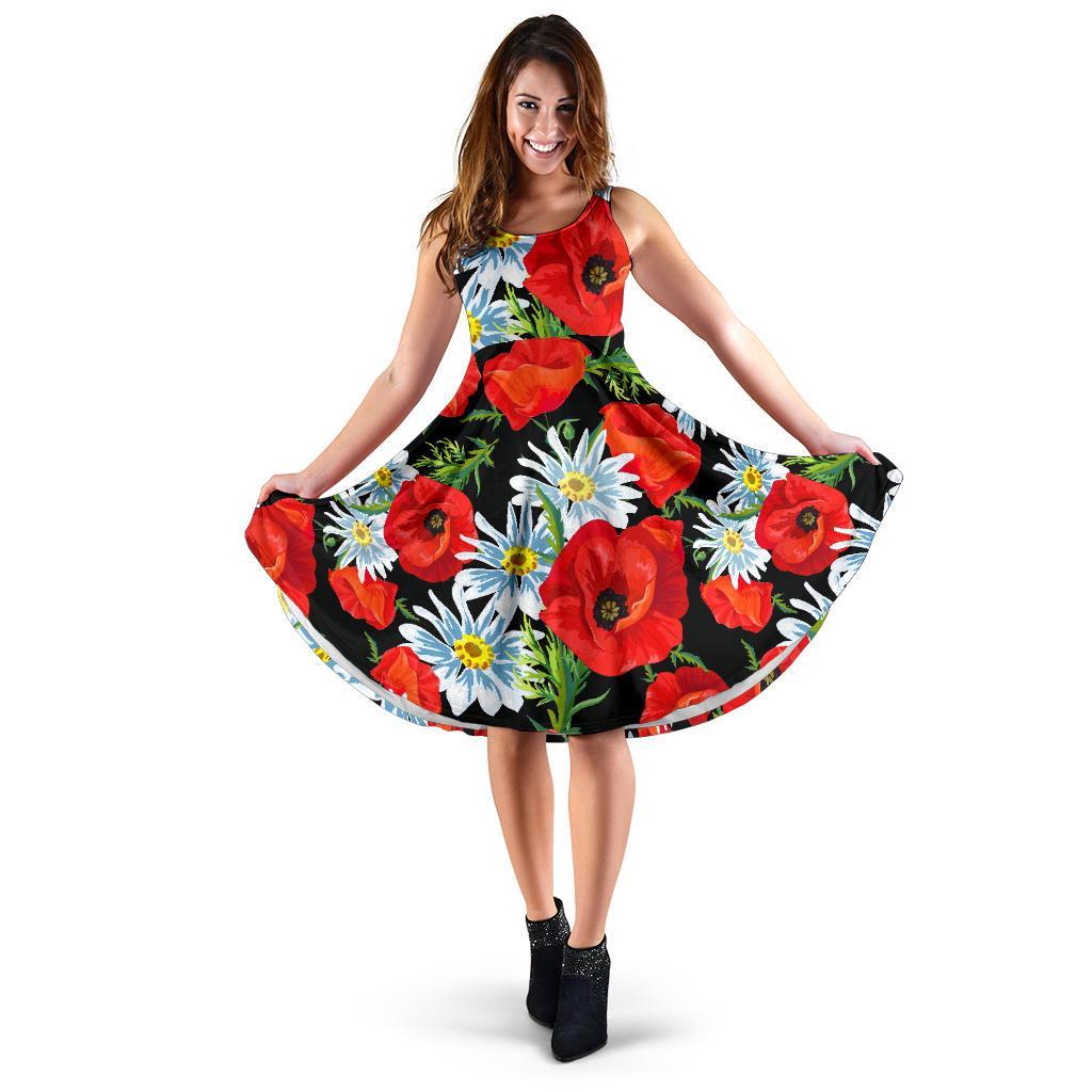 Floral Red Poppy Pattern Print Dress-grizzshop