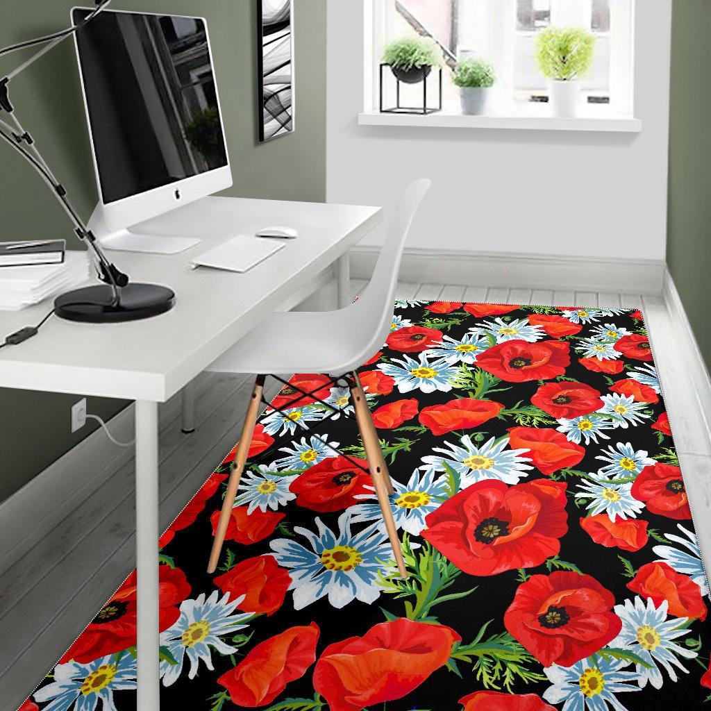 Floral Red Poppy Pattern Print Floor Mat-grizzshop