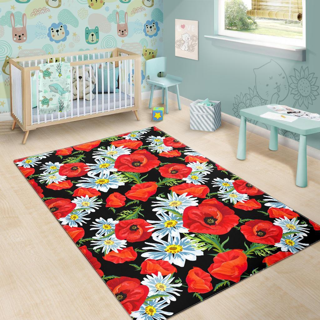 Floral Red Poppy Pattern Print Floor Mat-grizzshop